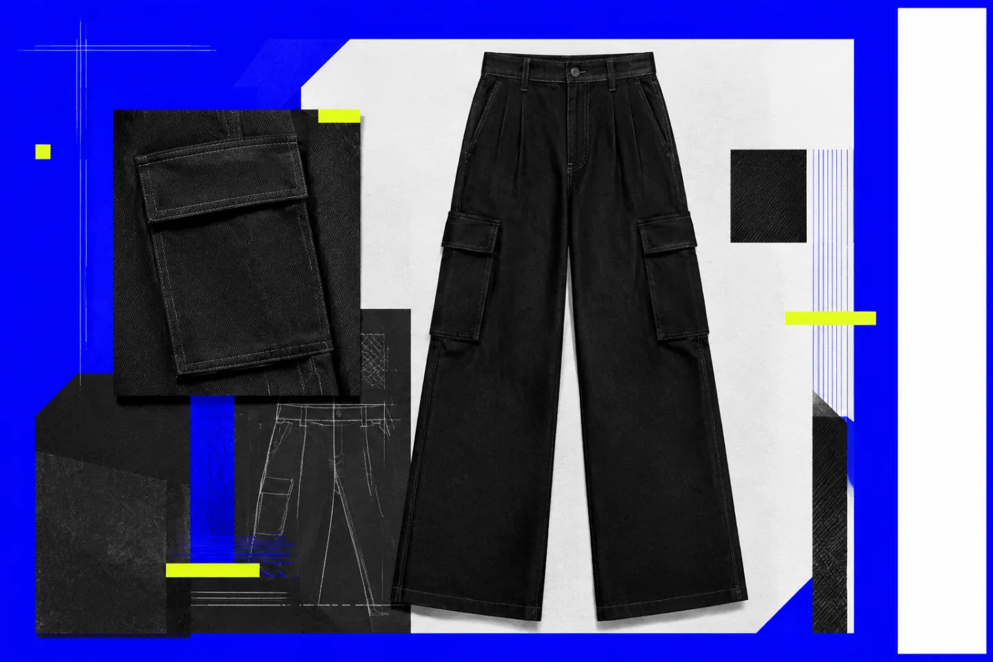 Editorial collage of black wide-leg cargo trousers with a magnified flap pocket, fabric swatches and a trouser sketch against ultramarine, white and lime panels.