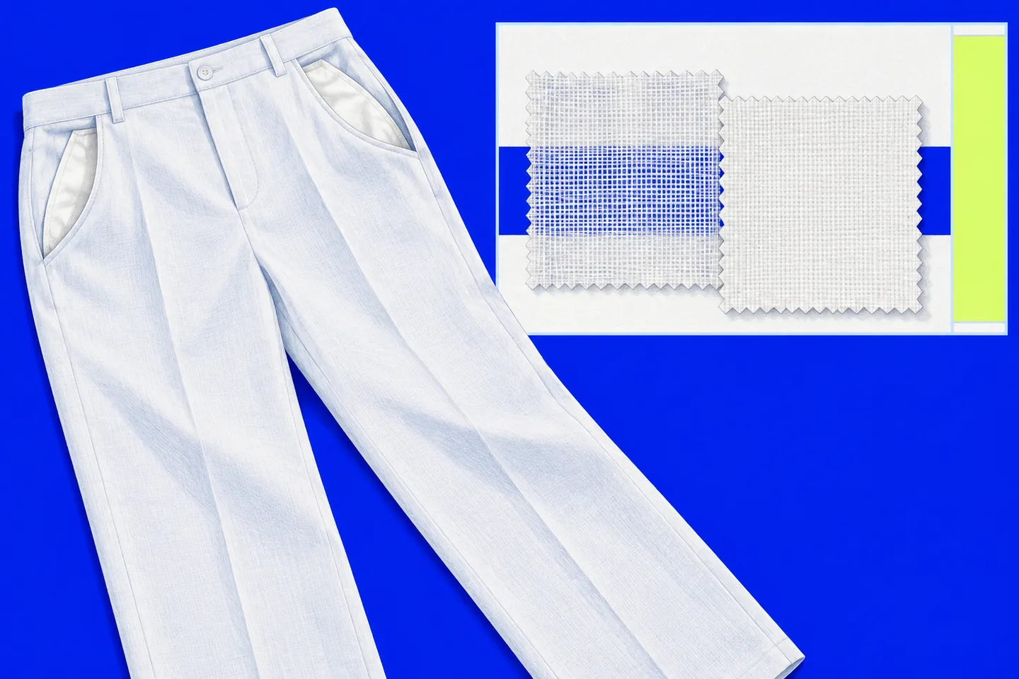 Illustrated white trousers beside loose and dense woven fabric swatches over an ultramarine stripe, comparing transparency and coverage with a lime accent.