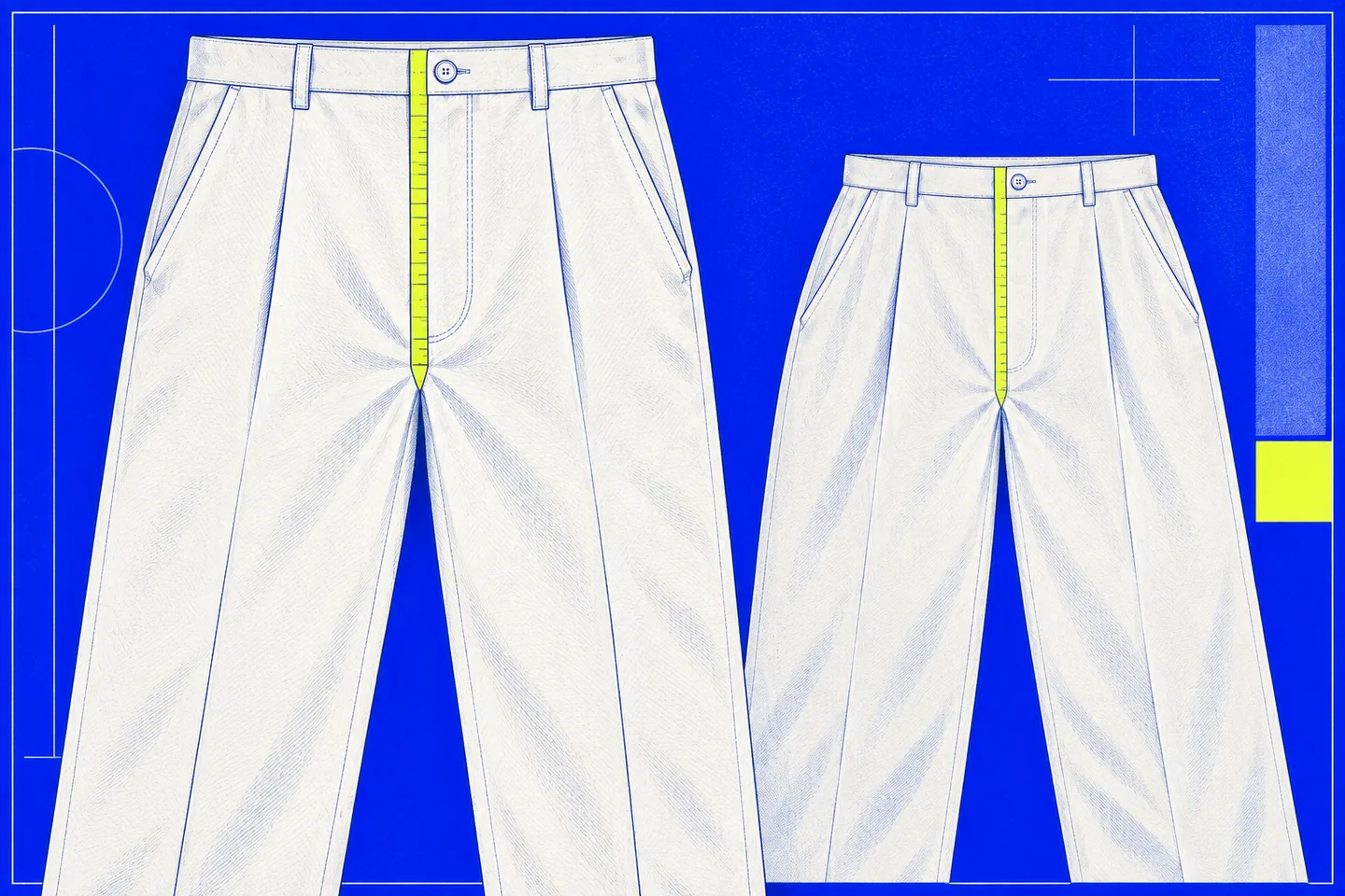 Illustration of two white trouser cuts on ultramarine, with lime measuring tapes running from each crotch seam to the top of its front waistband.