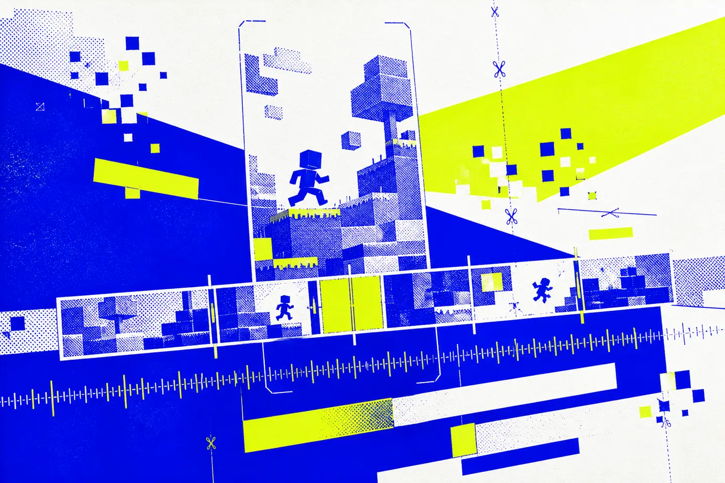 Ultramarine and acid-lime editorial collage of a generic voxel scene inside a vertical video frame, crossed by cut marks, timeline panels, and audio ticks.