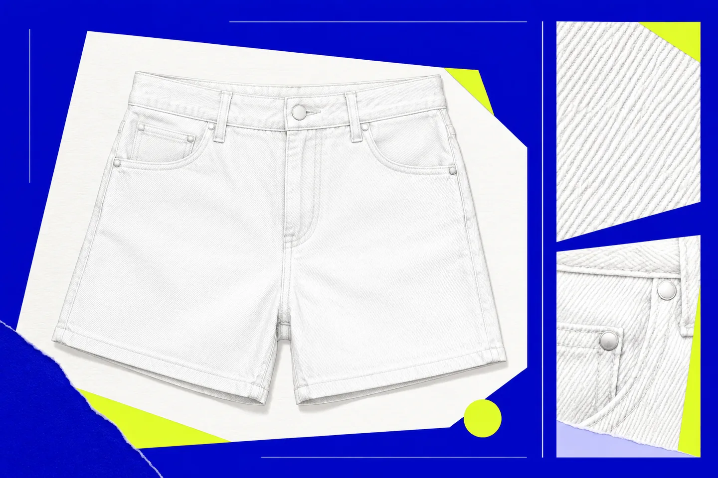 Illustrated white denim shorts on an ultramarine and lime paper collage, with inset details of diagonal twill, pocket stitching and rivets.