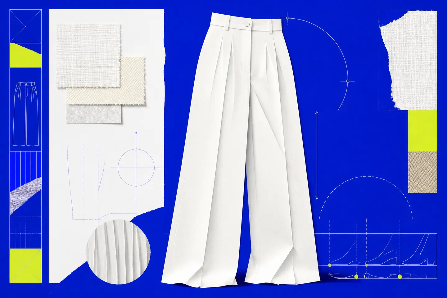 Editorial collage of white pleated wide-leg trousers with fabric swatches, fit-measurement lines, and shoe-to-hem guides on an electric blue and lime background.
