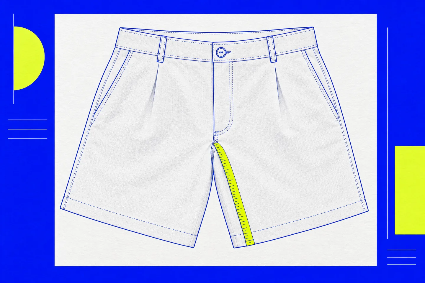Illustration of white shorts laid flat, with a lime measuring tape running from the crotch to the inner hem against an ultramarine background.